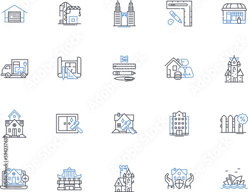 Tenements line icons collection. Slums, Crowded, Poverty, Squalor, Gritty, Undesirable, Dilapidated vector and linear illustration. Tenants,Overcrowding,Unsanitary outline signs set