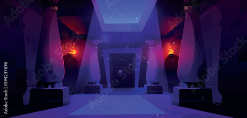 Night old Egypt or medieval stone corridor interior. Spotlight with bokeh effect and sparkle on floor in ancient dungeon. Magic underground path through symmetry column stars light from window