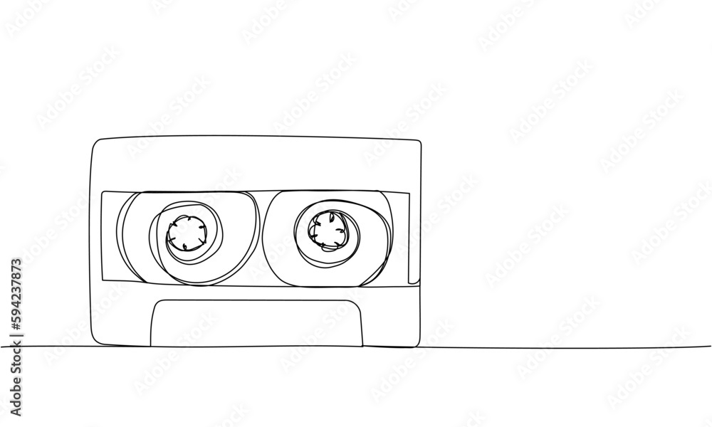 Fototapeta premium Audio cassette, tape one line art. Continuous line drawing of play, tape, song, cassette, audio, fix, group, classic, music, multimedia, strip, retro, reel, vintage, nostalgia, 80s, disco, 90s