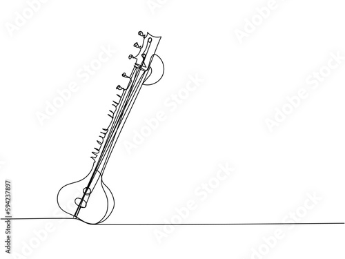 Sitar one line art. Continuous line drawing of music, plucked stringed instrument, Indian, Hindustani classical music, bass, acoustic, guitar, traditional.