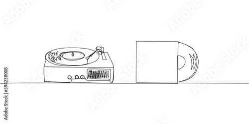 Vinyl Record Player Turntable with Vinyl audio record set one line art. Continuous line drawing of vinyl, record, melody, studio, electronic, music, vintage, dj, phonograph, antique, disco, audio