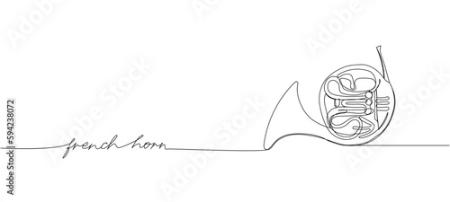 French horn one line art. Continuous line drawing of musical, classic, melody, acoustic, symphonic, horn, french, ensemble, orchestra, trumpet with an inscription, lettering, handwritten.