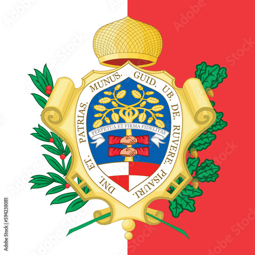 City of Pesaro coat of arms on the flag, Marche region, Italy, vector illustration