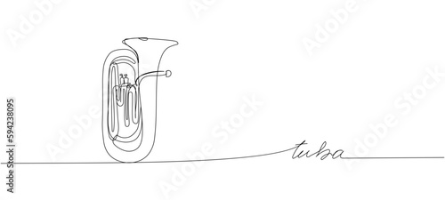 Tuba one line art. Continuous line drawing of bass, equipment, classic, melody, euphonium, vintage, tuba, trumpet, music, trombone, jazz, orchestra with an inscription, lettering, handwritten.