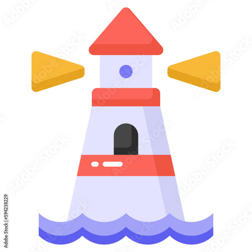 A tower containing a beacon light to warn or guide ships at sea, well designed icon of lighthouse