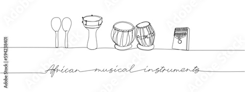 African musical instruments set one line art. Continuous line drawing of drums, maracas, darbuka, bongos, kalimba with an inscription, lettering, handwritten.