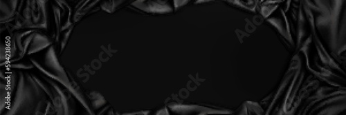 Black silk fabric top view scene luxury wave vector banner background. 3d satin cloth border for beauty product mockup decoration. Dark cosmetic stage premium concept with draping material.