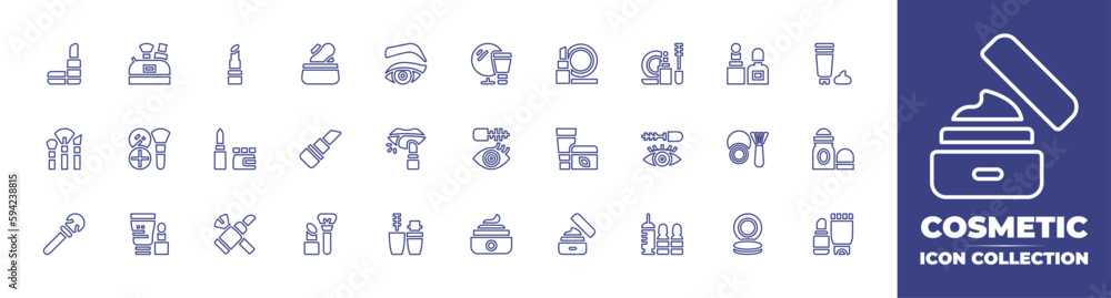 Cosmetic line icon collection. Editable stroke. Vector illustration. Containing cosmetics, lipstick, cosmetic bag, make up, cosmetic, makeup, moisturizer, mascara, eye mascara, deodorant, and more.