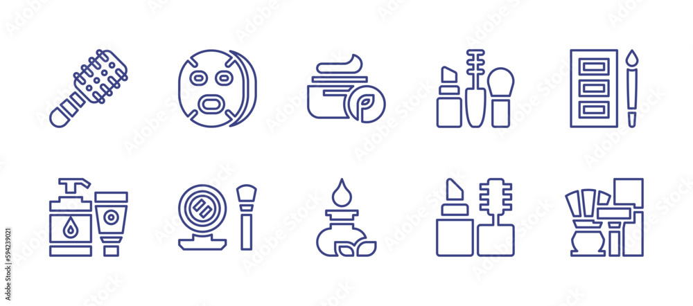 Cosmetic line icon set. Editable stroke. Vector illustration. Containing hair brushes, facial mask, cosmetics, make up, contouring, cream, argan oil.