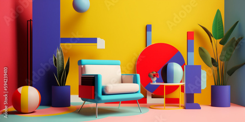 Wallpaper Mural armchair memphis art interior room geometric colourful sofa home design style. Generative AI. Torontodigital.ca