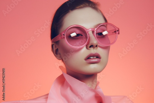 fashion woman latex design beauty creative hat glasses art colourful portrait. Generative AI.