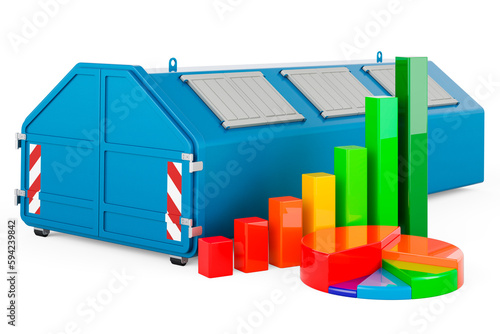 Industrial waste skip with growth bar graph and pie chart. 3D rendering