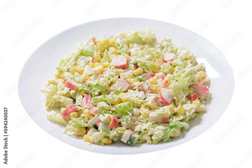 plate of salad with crab sticks, corn and vegetables isolated on transparent background plate of salad with crab sticks, corn and vegetables isolated on transparent background