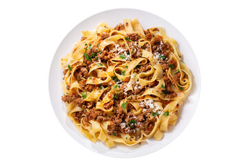 plate of pasta bolognese isolated on transparent background, top view