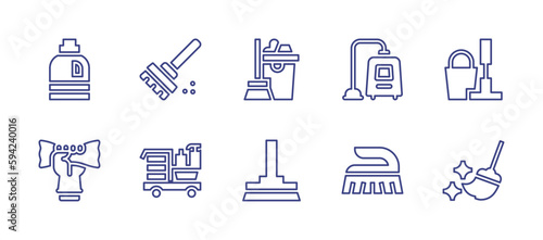 Housekeeping line icon set. Editable stroke. Vector illustration. Containing detergent, sweeping broom, cleaning, vacuum, cleaner, cleaning cart, mop, brush.