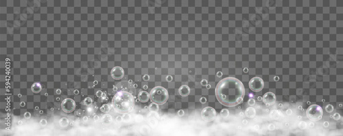 Air bubbles on a transparent background. Soap foam vector illustration.	


