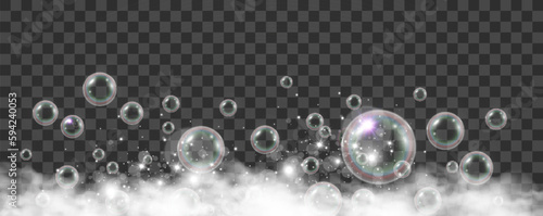 Air bubbles on a transparent background. Soap foam vector illustration.	

