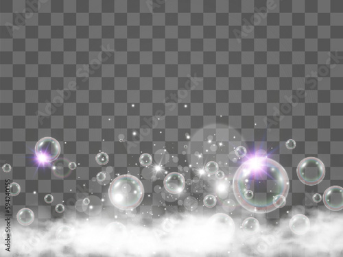 Air bubbles on a transparent background. Soap foam vector illustration.	

