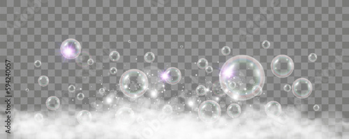 Air bubbles on a transparent background. Soap foam vector illustration.	

