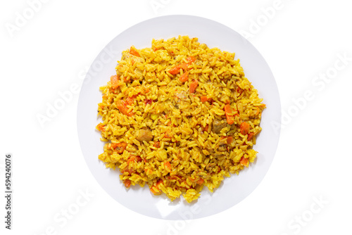 Canvas Print plate of pilaf with meat and vegetables isolated on transparent background, top