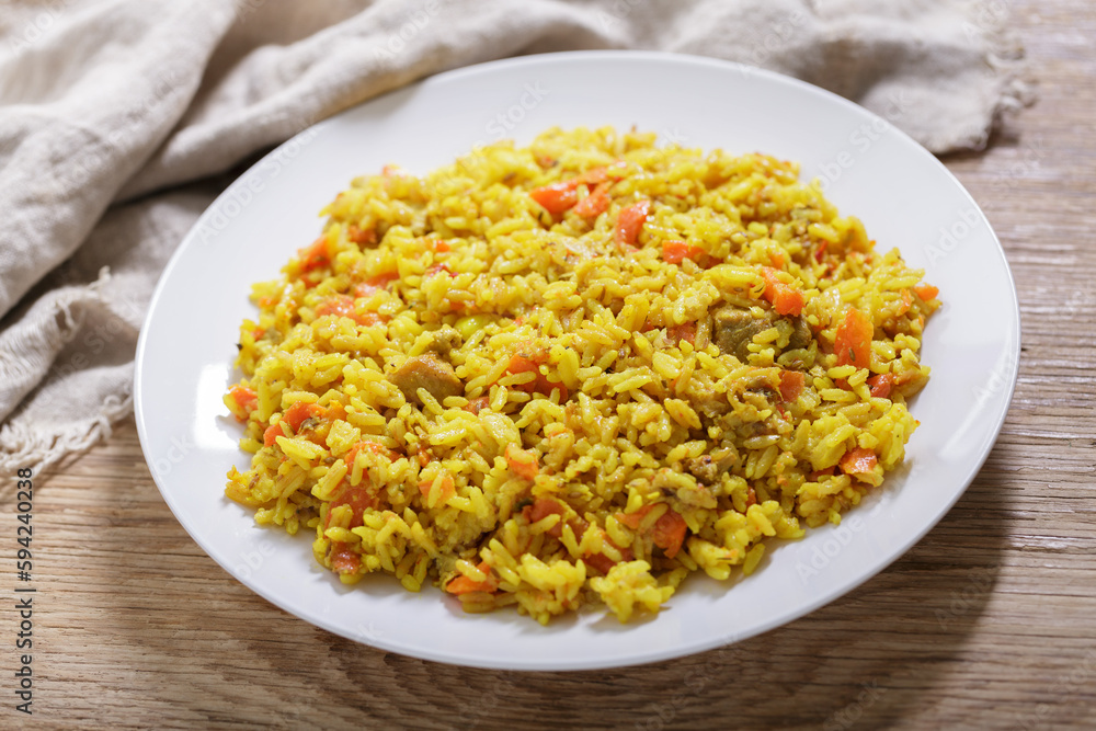 plate of pilaf with meat and vegetables plate of pilaf with meat and vegetables