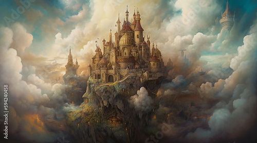 Surreal castle on a cloud, whimsical towers, oil painting, mysterious and otherworldly, generative AI © Marcos