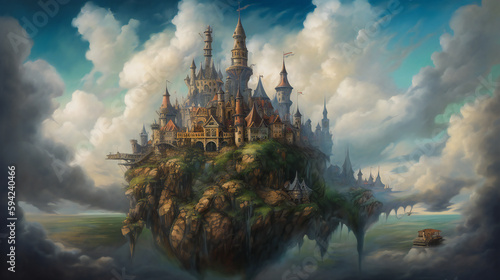 Surreal castle on a cloud  whimsical towers  oil painting  mysterious and otherworldly  generative AI