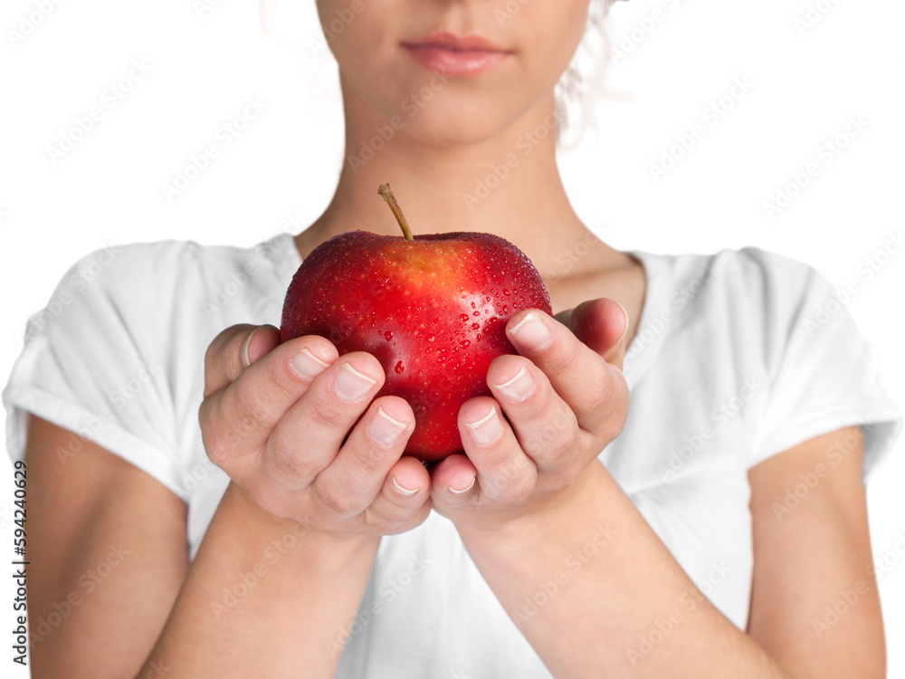 Attractive young woman holding fresh apple on white background Attractive young woman holding fresh apple on white background