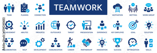 Business teamwork icon set. Human resources, work group, team. Flat icons collection.