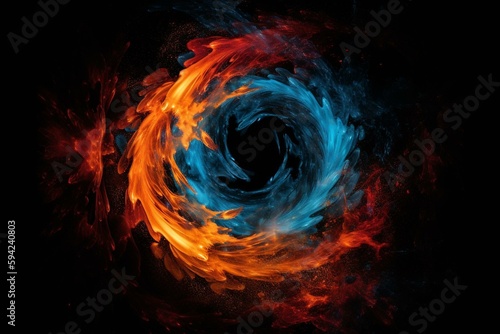 a spiral of fire and water in a black background with a blue and orange swirl in the center of the image and a red and blue swirl in the middle of the center of the image. Generative AI