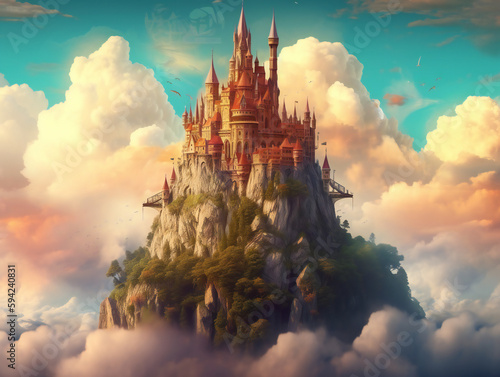 Majestic floating castle, fantastical atmosphere, digital illustration, dreamy sky and landscape, generative AI
