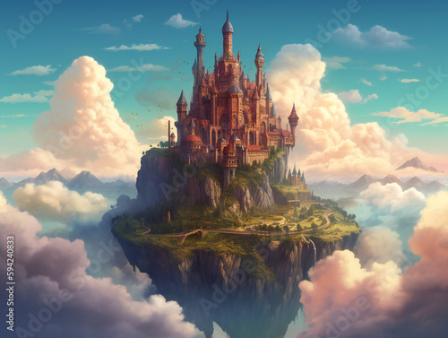 Majestic floating castle, fantastical atmosphere, digital illustration, dreamy sky and landscape, generative AI
