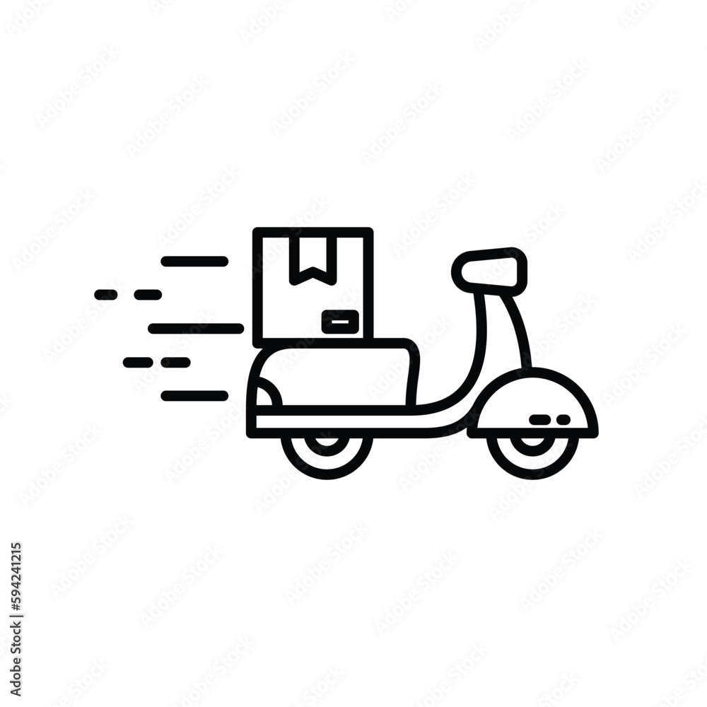 Black linear riding scooter with post box delivery package. Fast delivery concept icon design. Black linear riding scooter with post box delivery package. Fast delivery concept icon design.