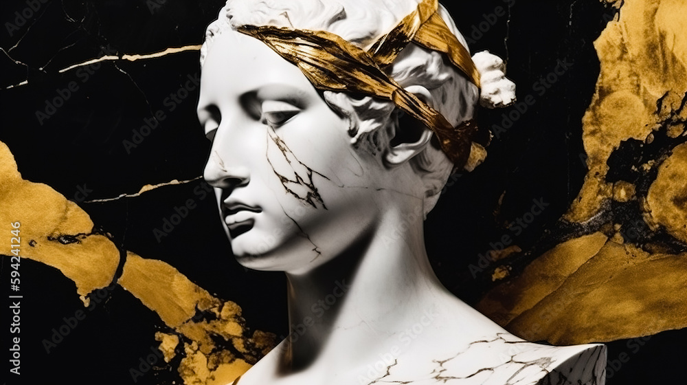 Greek statue depicting a portrait of a woman covered in gold and marble. Generative ai Greek statue depicting a portrait of a woman covered in gold and marble. Generative ai