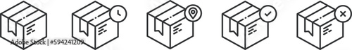 Black linear post boxes with time, confirmed, rejected and location signs vector icon set. Delivery services with markers concept icon design.