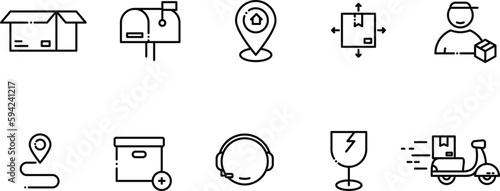 Black linear post and package delivery vector icons set. Shipping and delivery concept icons design.