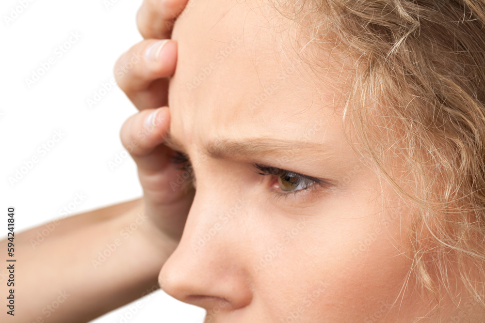 Young woman with headache isolated on white background Young woman with headache isolated on white background