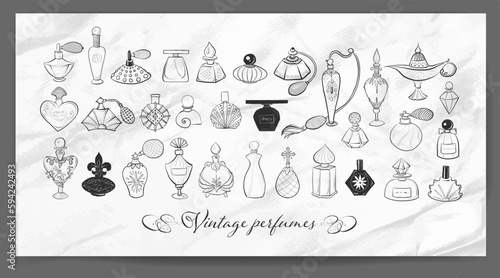 Collection of doodle vintage perfume bottles on old  paper background. Vector sketch illustration