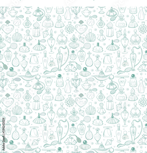 Seamless pattern with green doodle perfumes on white background. Can be used for wallpaper  pattern fills  textile  web page background  surface textures.