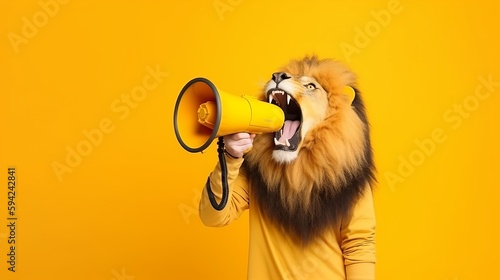 Lion roaring on a megaphone. Advertisement concept with copy space for text, Generative AI