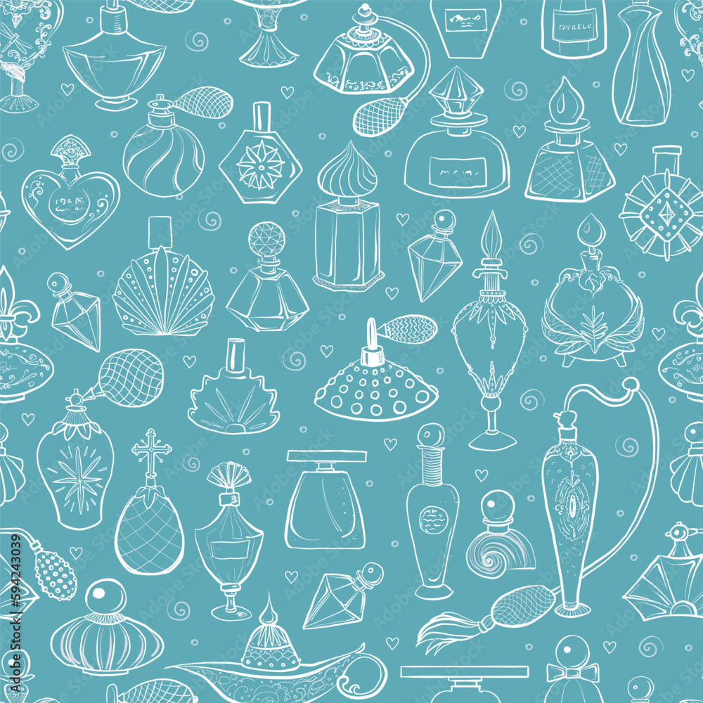 Seamless pattern with doodle perfumes on sea wave color background. Can be used for wallpaper, pattern fills, textile, web page background, surface textures. Seamless pattern with doodle perfumes on sea wave color background. Can be used for wallpaper, pattern fills, textile, web page background, surface textures.
