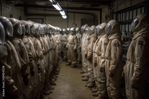 Rows of deserted radiation suits, like a ghostly army, stand at in a storage facility. Reminder of the dangers of radiation and a warning that these suits may yet be needed again. Generative AI