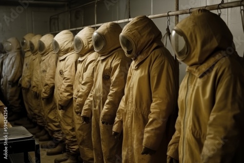 Rows of deserted radiation suits, like a ghostly army, stand at in a storage facility. Reminder of the dangers of radiation and a warning that these suits may yet be needed again. Generative AI © bluebeat76