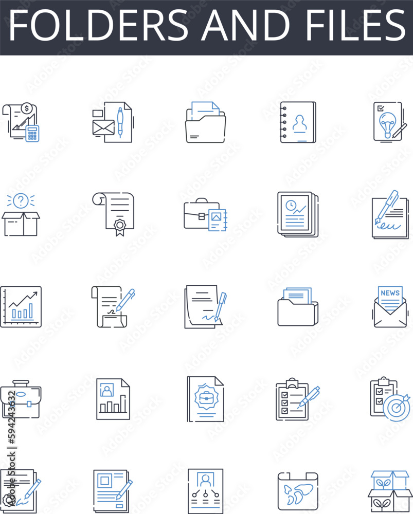 Folders and files line icons collection. Directories and documents, Containers and data, Archives and records, Binders and paperwork, Portfolios and sheets, Dossiers and files, Registers and folders Folders and files line icons collection. Directories and documents, Containers and data, Archives and records, Binders and paperwork, Portfolios and sheets, Dossiers and files, Registers and folders