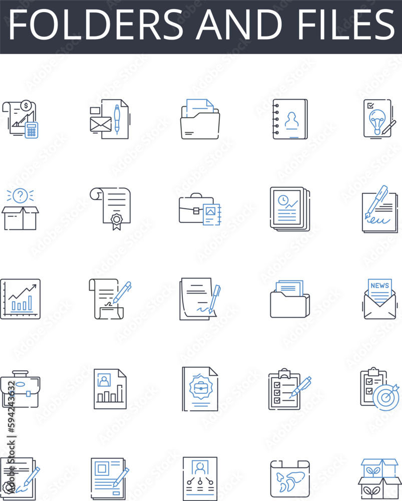 Folders and files line icons collection. Directories and documents, Containers and data, Archives and records, Binders and paperwork, Portfolios and sheets, Dossiers and files, Registers and folders