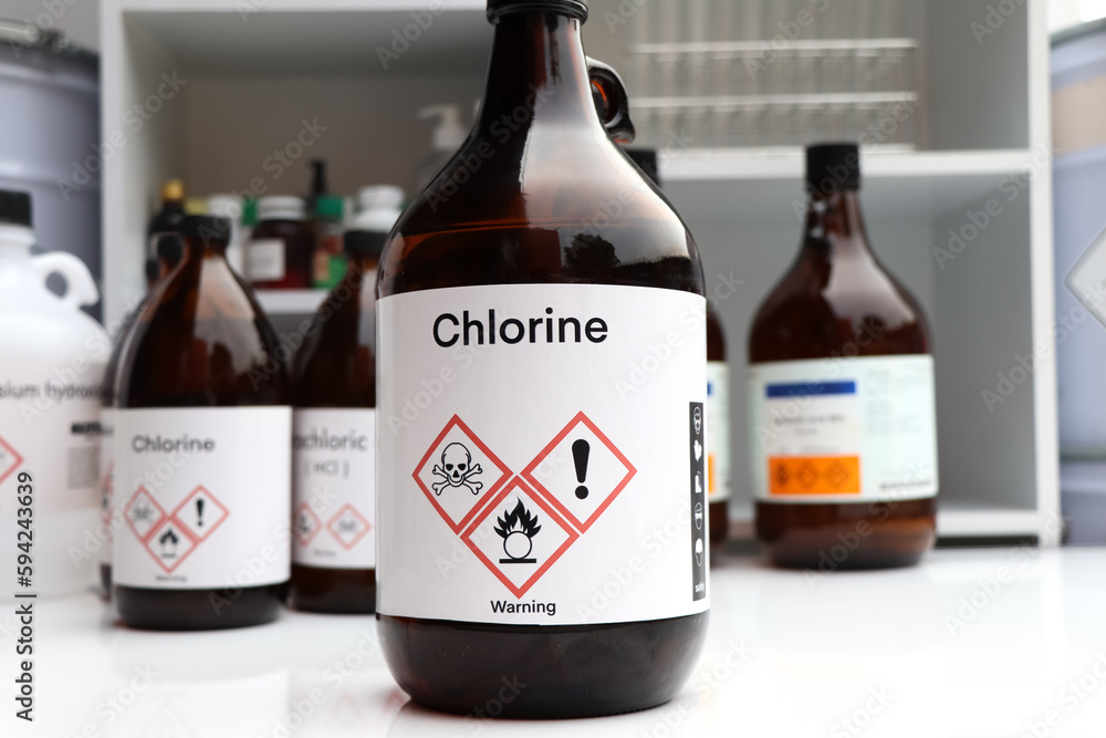 chlorine, Hazardous chemicals and symbols on containers Stock Photo