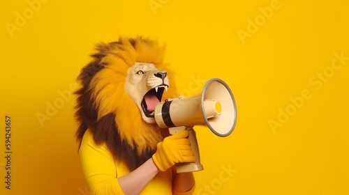 Lion roaring on a megaphone. Advertisement concept with copy space for text, Generative AI