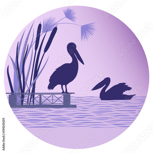 Round frame with pelicans silhouettes, pierf and tropic plants. Vector illustration