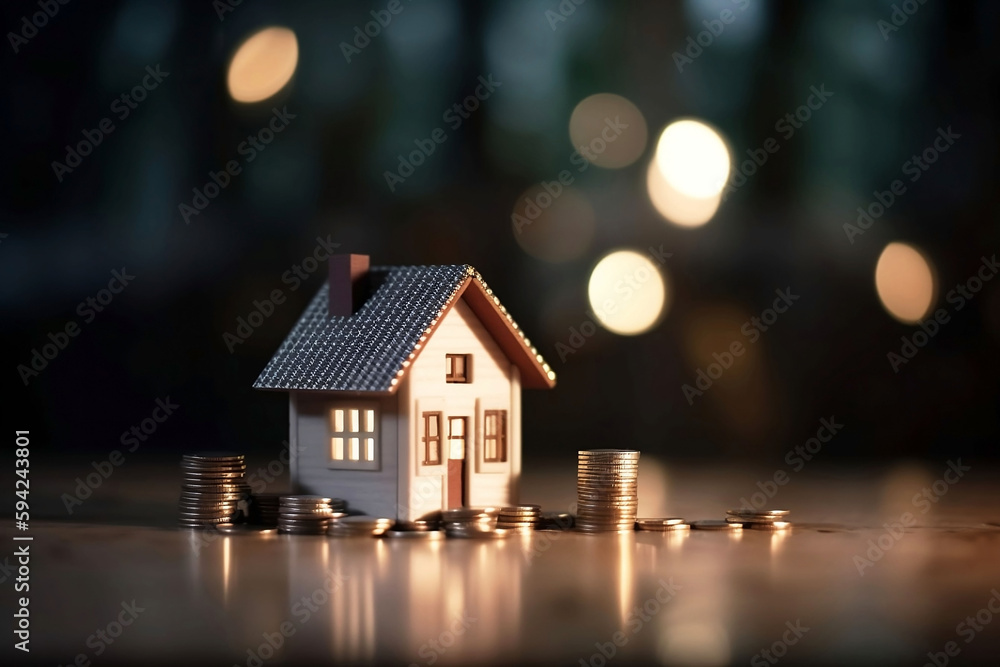 Business Investment Concept with Model House, Coins Stack, and Table Closeup on Blurred Background Business Investment Concept with Model House, Coins Stack, and Table Closeup on Blurred Background