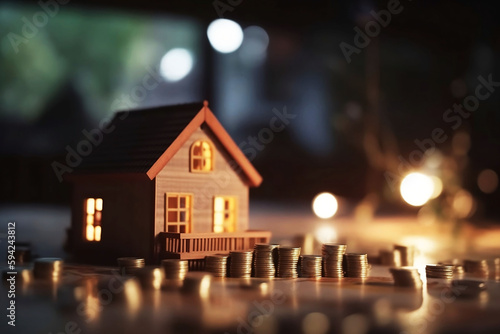 Business Investment Concept with Model House, Coins Stack, and Table Closeup on Blurred Background